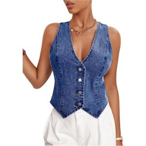 imageMakeMeChic Womens Denim Vest Tops Y2K Button Down V Neck Asymmetrical Crop Jean Vest JacketsMedium Wash