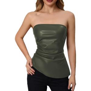 imageMakeMeChic Womens Faux Leather Strapless Tube Tops Asymmetrical Ruched Backless Corset Crop Going Out TopsArmy Green