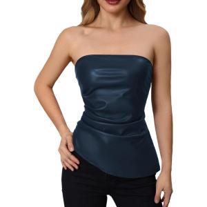imageMakeMeChic Womens Faux Leather Strapless Tube Tops Asymmetrical Ruched Backless Corset Crop Going Out TopsBlue
