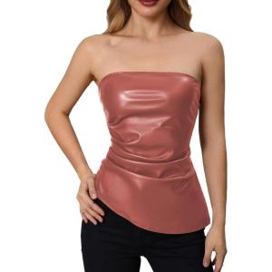 imageMakeMeChic Womens Faux Leather Strapless Tube Tops Asymmetrical Ruched Backless Corset Crop Going Out TopsDusty Pink
