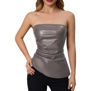 imageMakeMeChic Womens Faux Leather Strapless Tube Tops Asymmetrical Ruched Backless Corset Crop Going Out TopsGrey