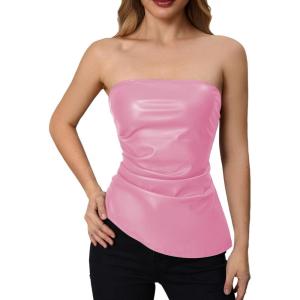 imageMakeMeChic Womens Faux Leather Strapless Tube Tops Asymmetrical Ruched Backless Corset Crop Going Out TopsPink