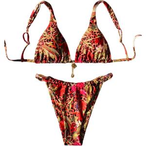 imageMakeMeChic Womens Floral Print 2 Piece Bikini Sets Tie Back Triangle Thong Bathing Suit SwimsuitMulti Leopard