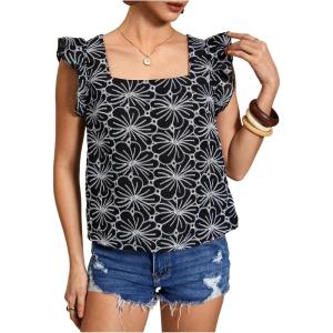 imageMakeMeChic Womens Floral Print Blouse Flutter Sleeve Ruffle Square Neck Summer Boho ShirtBlack