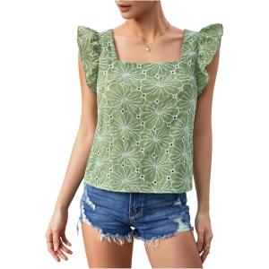 imageMakeMeChic Womens Floral Print Blouse Flutter Sleeve Ruffle Square Neck Summer Boho ShirtGreen a