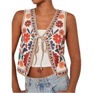 imageMakeMeChic Womens Floral V Neck Tank Top Sleeveless Tie Front Boho VestMulticolor