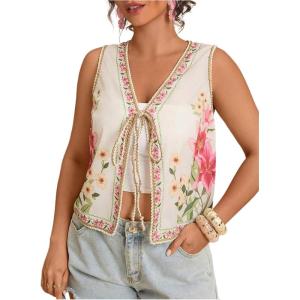 imageMakeMeChic Womens Floral V Neck Tank Top Sleeveless Tie Front Boho VestPlus Beige