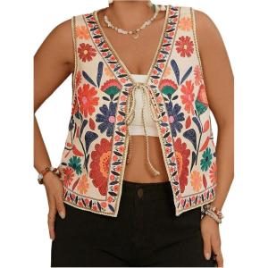 imageMakeMeChic Womens Floral V Neck Tank Top Sleeveless Tie Front Boho VestPlus Multicolor