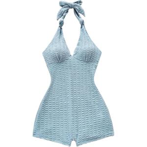 imageMakeMeChic Womens Halter Short Rompers Summer One Piece Jumpsuits Backless ShapewearBlue