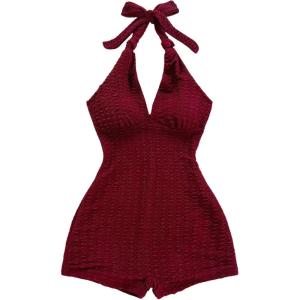 imageMakeMeChic Womens Halter Short Rompers Summer One Piece Jumpsuits Backless ShapewearBurgundy
