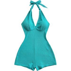 imageMakeMeChic Womens Halter Short Rompers Summer One Piece Jumpsuits Backless ShapewearGreen