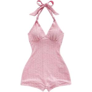 imageMakeMeChic Womens Halter Short Rompers Summer One Piece Jumpsuits Backless ShapewearPink