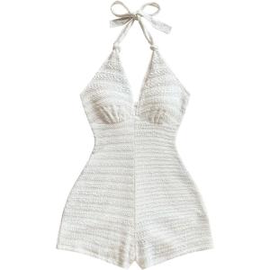 imageMakeMeChic Womens Halter Short Rompers Summer One Piece Jumpsuits Backless ShapewearSolid White