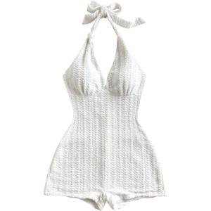 imageMakeMeChic Womens Halter Short Rompers Summer One Piece Jumpsuits Backless ShapewearWhite