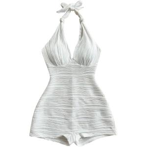 imageMakeMeChic Womens Halter Short Rompers Summer One Piece Jumpsuits Backless ShapewearWhite Solid