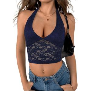 imageMakeMeChic Womens Halter Top Open Back Lace Sexy Cute Summer Crop Tank TopRoyal Blue
