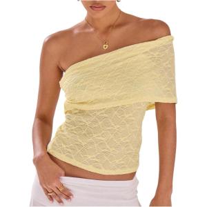 imageMakeMeChic Womens Lace Off The Shoulder Tank Ruched Sleeveless Fitted Going Out Crop TopsLace Yellow