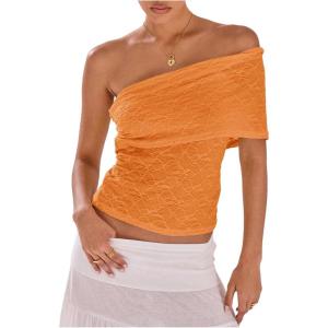 imageMakeMeChic Womens Lace Off The Shoulder Tank Ruched Sleeveless Fitted Going Out Crop TopsOrange