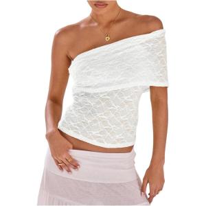 imageMakeMeChic Womens Lace Off The Shoulder Tank Ruched Sleeveless Fitted Going Out Crop TopsWhite