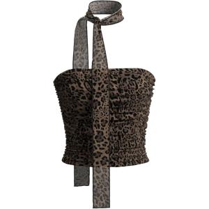 imageMakeMeChic Womens Leopard Print Mesh Tube Top Strapless Sleeveless Ruched Bandeau Crop Tops with ScarfBrown