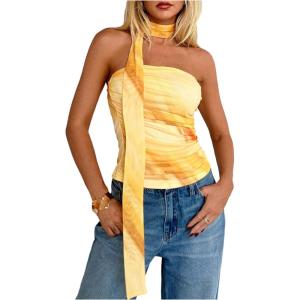 imageMakeMeChic Womens Leopard Print Mesh Tube Top Strapless Sleeveless Ruched Bandeau Crop Tops with ScarfYellow