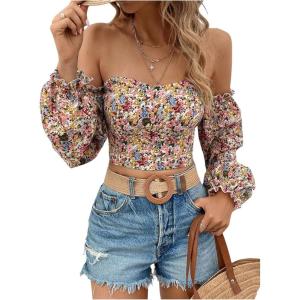 imageMakeMeChic Womens Off The Shoulder Lantern Sleeve Crop Tops Ditsy Floral Boho Blouse ShirtMulticolor