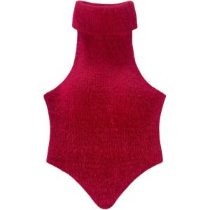 imageMakeMeChic Womens Sleeveless Turtleneck Sweater Top Crop Backless Mock Neck TopsRed Fuzzy
