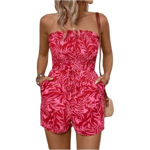 imageMakeMeChic Womens Strapless Romper Dress with Shorts Underneath Beach Vacation Summer Tube Top Floral JumpsuitFloral Red