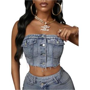 imageMakeMeChic Womens Strapless Shirred Denim Tube Tops Button Front Raw Trim Bandeau ShirtDusty Blue