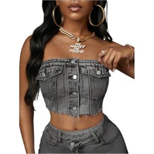 imageMakeMeChic Womens Strapless Shirred Denim Tube Tops Button Front Raw Trim Bandeau ShirtGrey