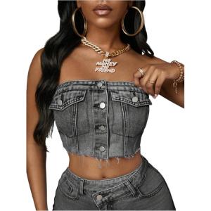 imageMakeMeChic Womens Strapless Shirred Denim Tube Tops Button Front Raw Trim Bandeau ShirtLight Grey