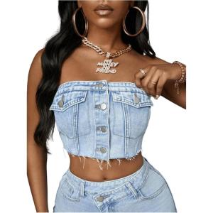 imageMakeMeChic Womens Strapless Shirred Denim Tube Tops Button Front Raw Trim Bandeau ShirtLight Wash