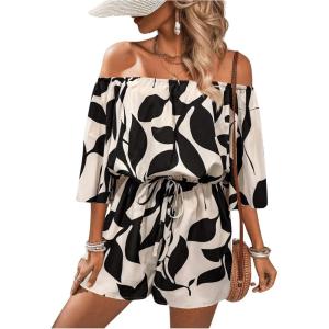 imageMakeMeChic Womens Summer Off Shoulder Rompers Tropical Print Half Sleeve Wide Leg Short JumpsuitBlack and White