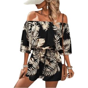 imageMakeMeChic Womens Summer Off Shoulder Rompers Tropical Print Half Sleeve Wide Leg Short JumpsuitMulticolor
