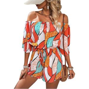 imageMakeMeChic Womens Summer Off Shoulder Rompers Tropical Print Half Sleeve Wide Leg Short JumpsuitMulticolor C