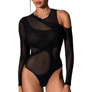 imageMakeMeChic Womens Y2K Cut Out Mesh Sheer Bodysuits Long Sleeve Round Neck Tee Shirt Asymmetrical TopBlack