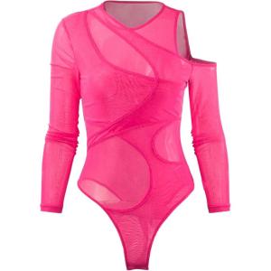 imageMakeMeChic Womens Y2K Cut Out Mesh Sheer Bodysuits Long Sleeve Round Neck Tee Shirt Asymmetrical TopHot Pink
