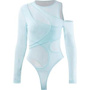 imageMakeMeChic Womens Y2K Cut Out Mesh Sheer Bodysuits Long Sleeve Round Neck Tee Shirt Asymmetrical TopMint Blue