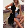 imageMakeMeChic Womens Fringe Vest Sleeveless Crochet Open Front Vintage Jacket CardiganBlack