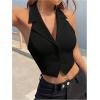 imageMakeMeChic Womens Halter Vest Tops Button Down Asymmetrical Hem V Neck Sleeveless Crop VestBlack