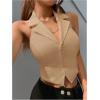 imageMakeMeChic Womens Halter Vest Tops Button Down Asymmetrical Hem V Neck Sleeveless Crop VestBrown