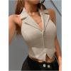 imageMakeMeChic Womens Halter Vest Tops Button Down Asymmetrical Hem V Neck Sleeveless Crop VestKhaki