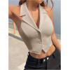 imageMakeMeChic Womens Halter Vest Tops Button Down Asymmetrical Hem V Neck Sleeveless Crop VestKhaki