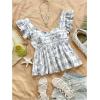 imageMakeMeChic Womens Lemon Print Ruffle Sleeve Blouse Peplum Summer Shirt TopsBlue and White