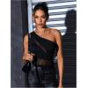 imageMakeMeChic Womens Summer Mesh Bodysuits One Shoulder Asymmetrical Tops Cut Out Leotards Shirts Country Concert OutfitsBlack