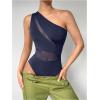 imageMakeMeChic Womens Summer Mesh Bodysuits One Shoulder Asymmetrical Tops Cut Out Leotards Shirts Country Concert OutfitsBlue