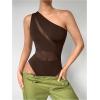 imageMakeMeChic Womens Summer Mesh Bodysuits One Shoulder Asymmetrical Tops Cut Out Leotards Shirts Country Concert OutfitsBrown