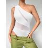 imageMakeMeChic Womens Summer Mesh Bodysuits One Shoulder Asymmetrical Tops Cut Out Leotards Shirts Country Concert OutfitsWhite