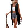 imageMakeMeChic Womens Fringe Vest Sleeveless Crochet Open Front Vintage Jacket CardiganBlack