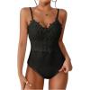 imageMakeMeChic Womens Guipure Lace Bodysuit Floral V Neck Sleeveless Going Out Leotard TopsBlack